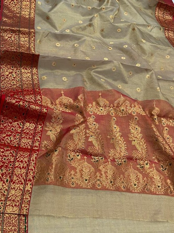 Beige Chanderi Handloom Katan Tissue Silk Meenakari Saree