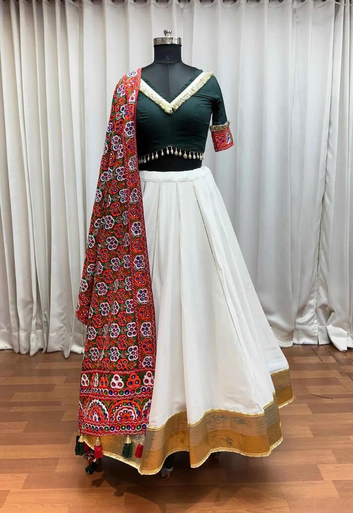 Off White Embroidered Navratri Lehenga with Mirror Dupatta
