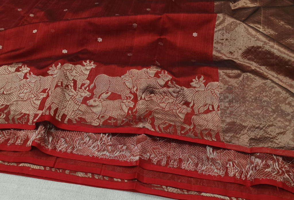Rustic Red Chanderi Handloom Pattu Silk Handwork Saree