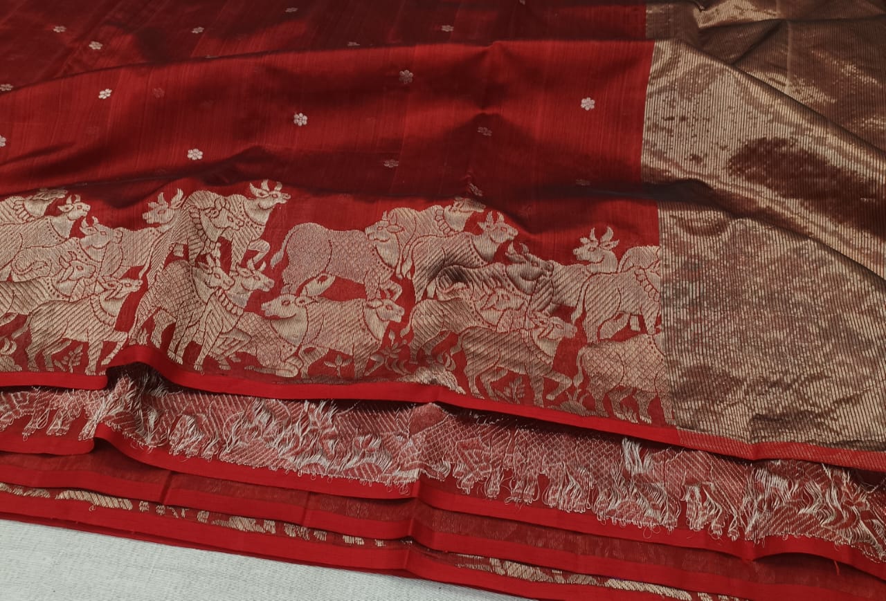 Rustic Red Chanderi Handloom Pattu Silk Handwork Saree