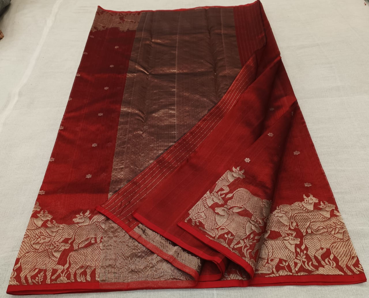 Rustic Red Chanderi Handloom Pattu Silk Handwork Saree