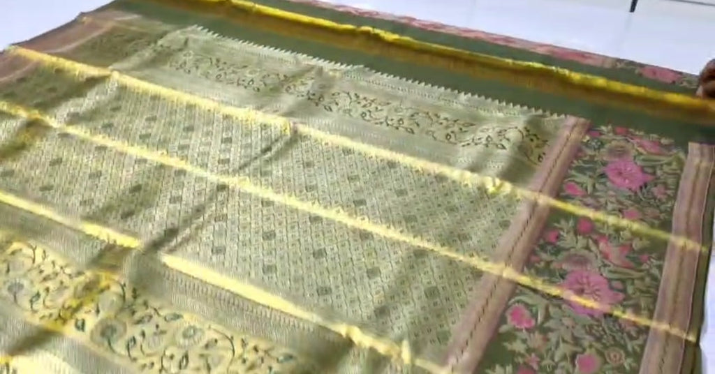 Pink Kanchipuram håndvævet vævsbrokade Meenakari silkesari