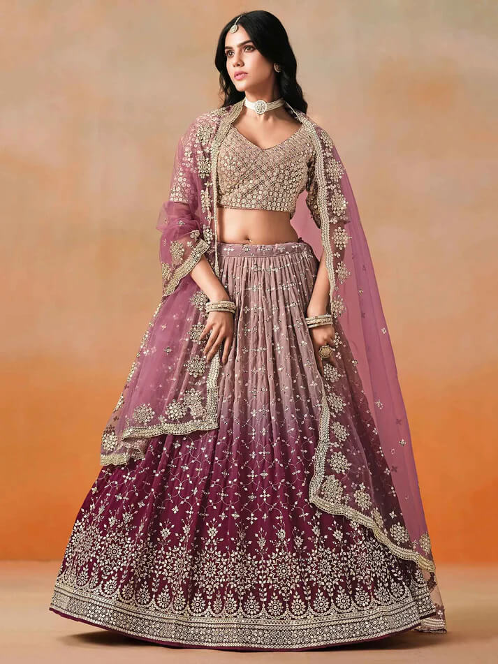 Maroon-Mauve Gradient Georgette Lehenga with Zari & Sequins