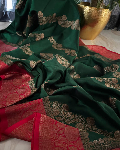 Bottle Green Banarasi Handloom Tussar Raw Silk Saree