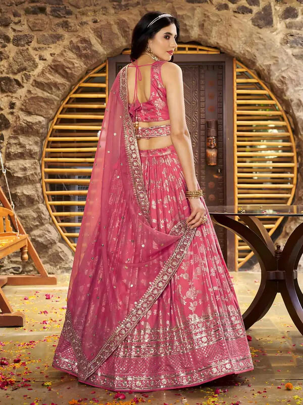 Peach Jacquard Lehenga with Zari & Sequins Work