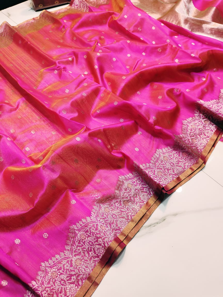 Hot Pink Chanderi Handloom Pattu Silk Meenakari Handwork Saree