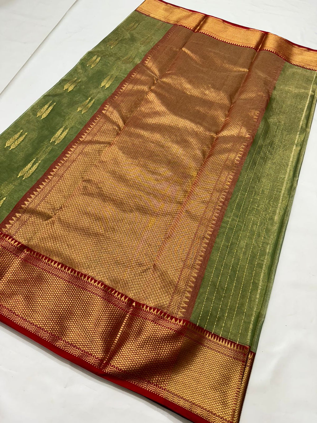 Mehandi Green Chanderi Handloom Katan Tissue Silk Saree