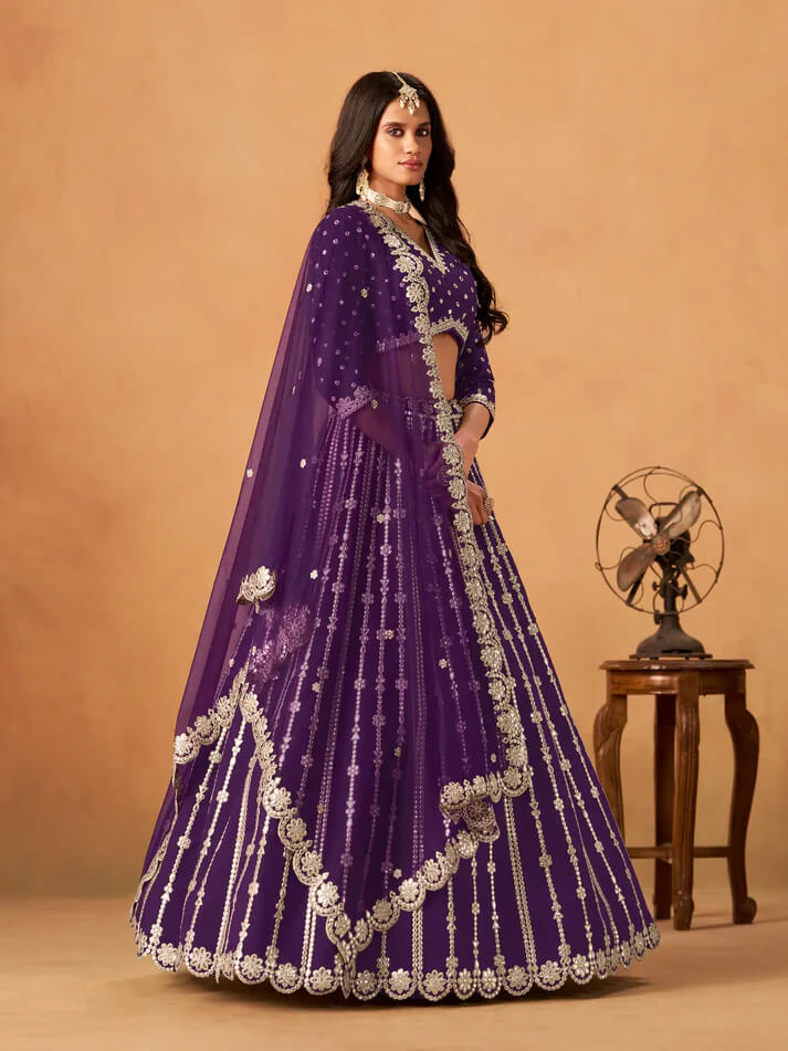 Purple Art Silk Lehenga with Mirror & Embroidery
