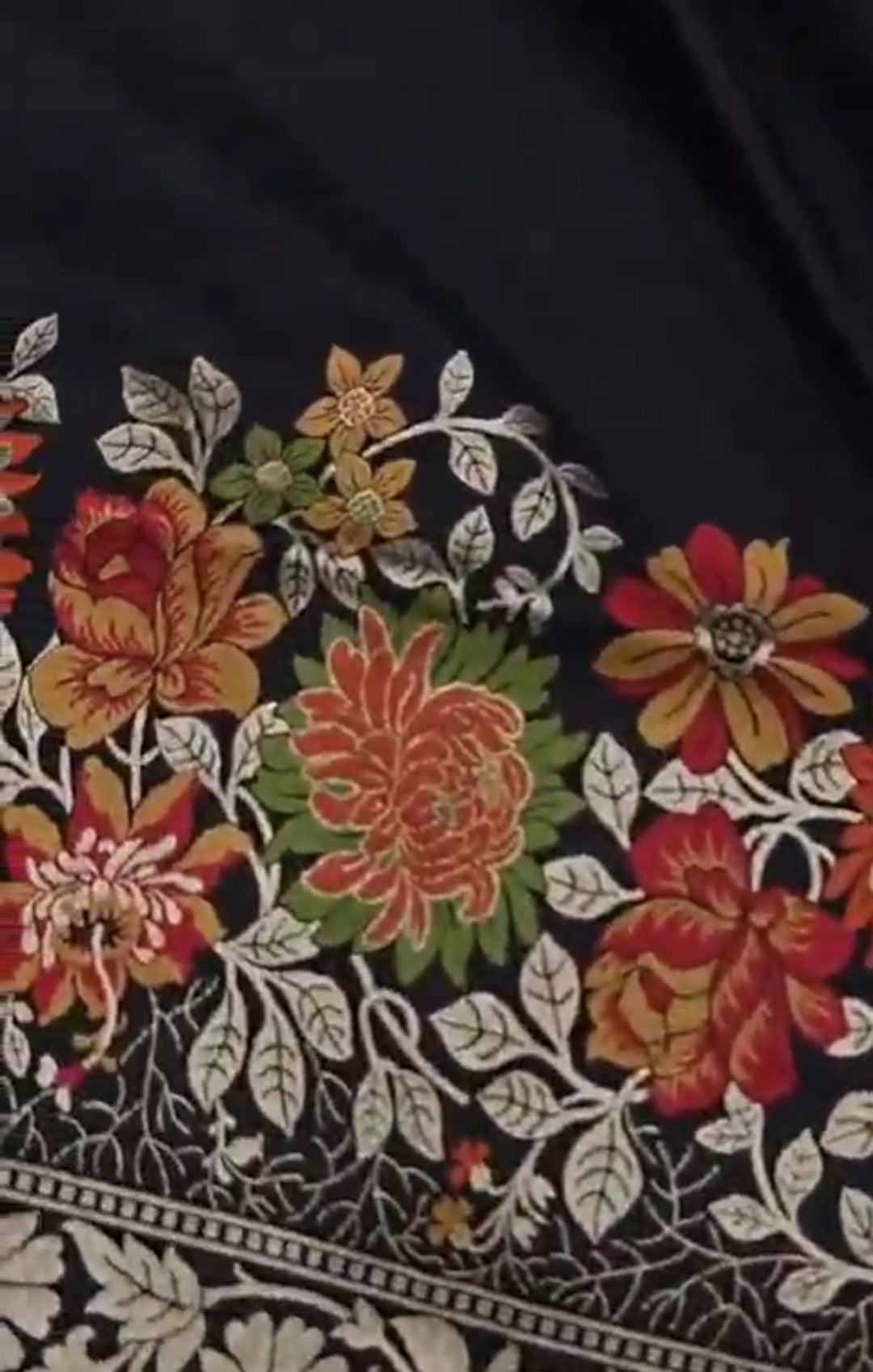 A majestic black Banarasi semi Katan silk saree with a plain body, vibrant three-colored Tilfi Meenakari floral borders, and an ornate gold zari blouse.