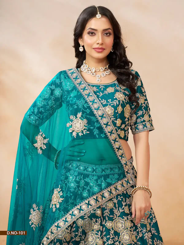 Elegant Teal Blue Art Silk Lehenga with Embroidery