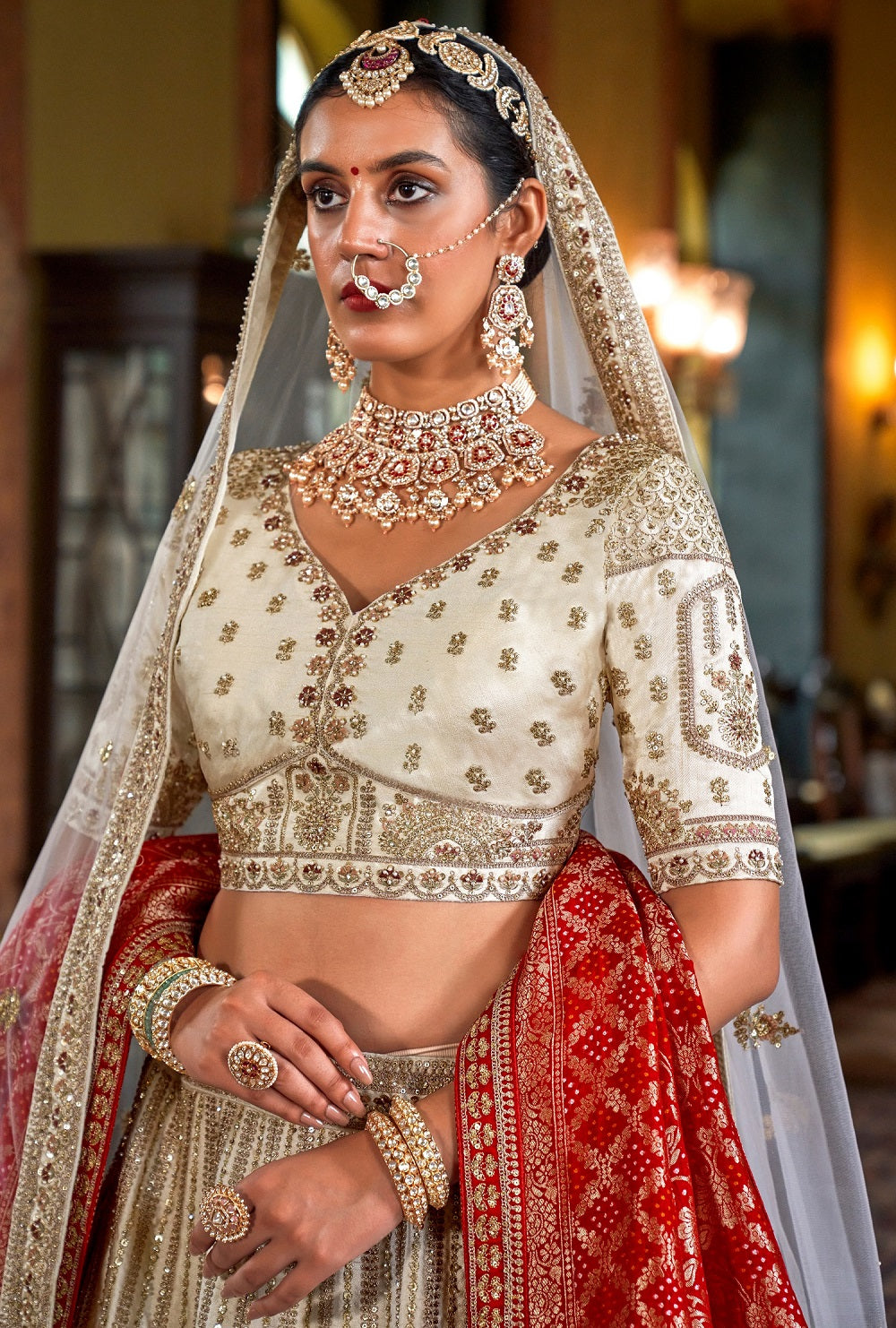 Beige Bridal Lehenga and Red Dupatta With Heavy Embroidery & Pearl Work
