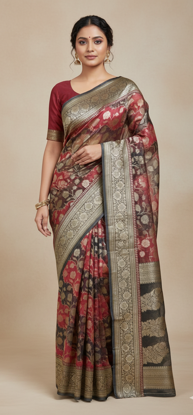 Dark Grey Banarasi Handloom Rangkat Kora Tissue Silk Saree