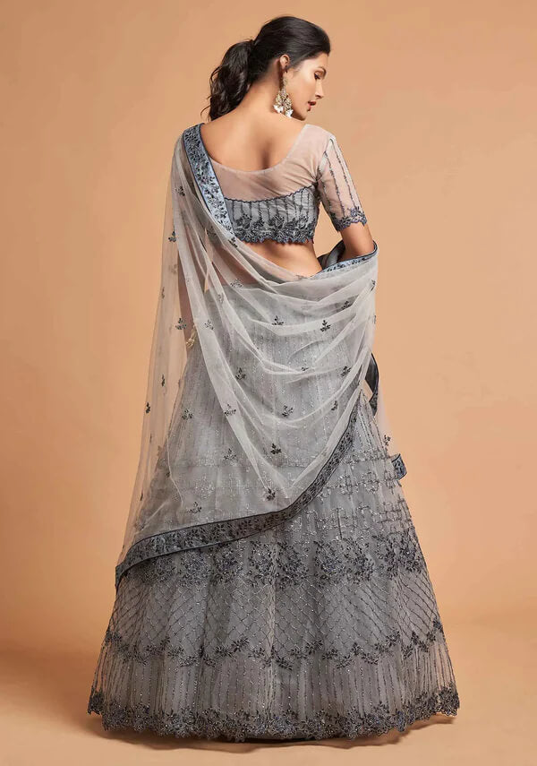 Smokey Grey Soft Net Lehenga with Zari & Thread Work