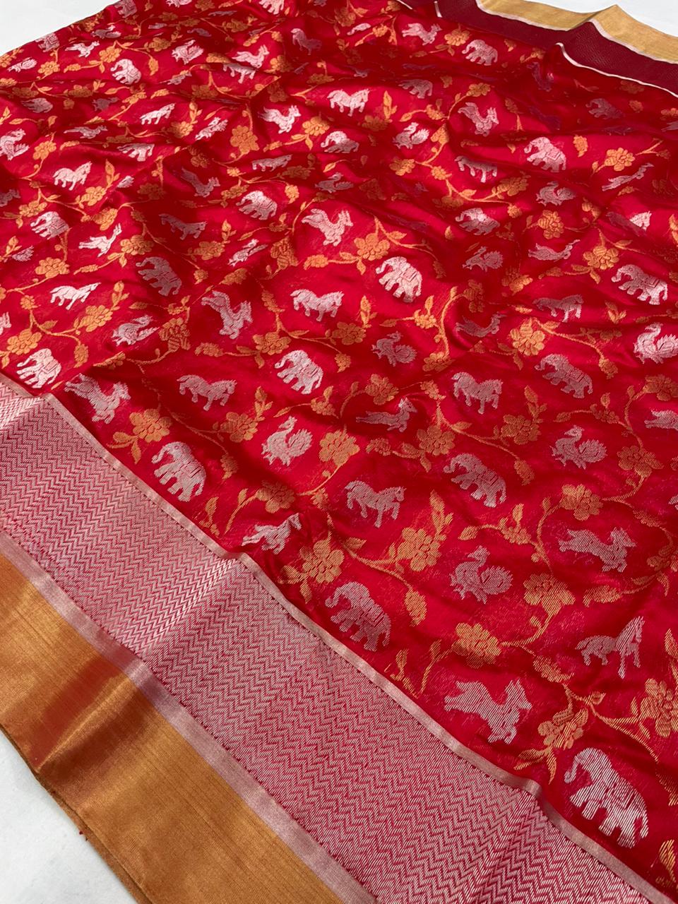 Chilly Red Chanderi Handloom Pattu Silk Shikargah Handwork Saree