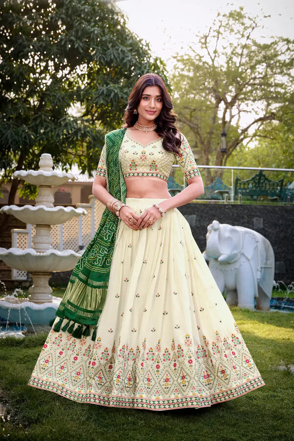 Festive Khadi Cotton Lehenga Choli in Off White with Green Dupatta