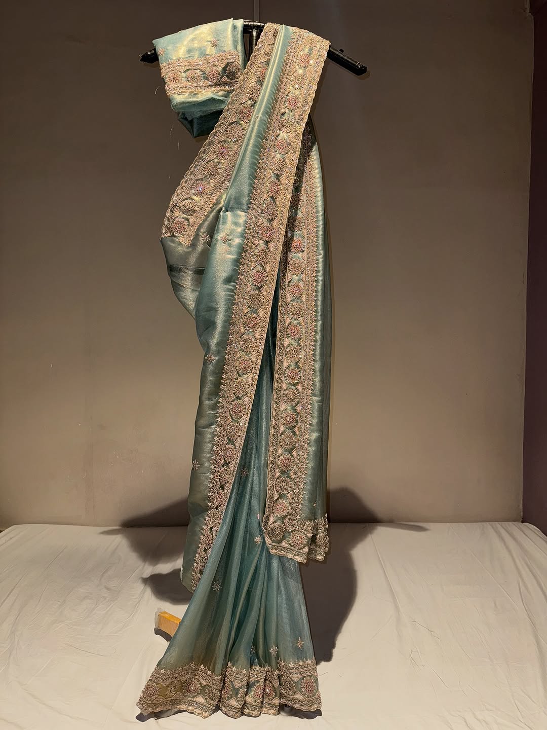 Powder Green Hand Embroidered Tissue Organza Silk Saree