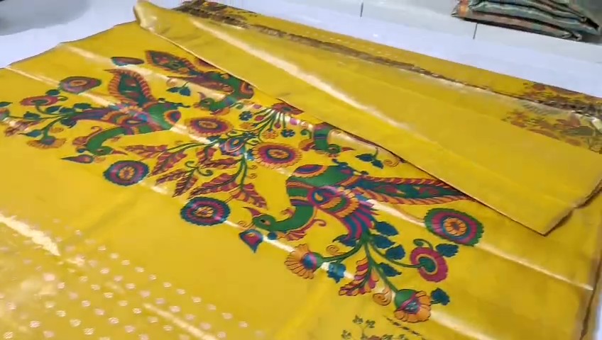 Golden Yellow Kanchipuram Handloom Kalamkari Tissue Silk Saree
