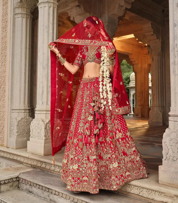 Modern Cornel Red Wedding Lehenga with Dual Dupattas