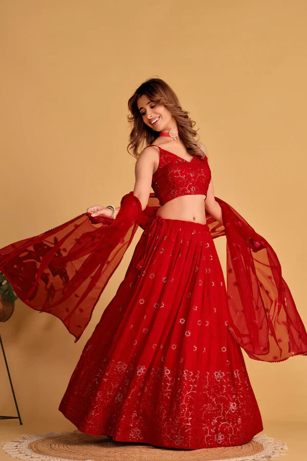 Elegant Red Georgette Lehenga for Weddings
