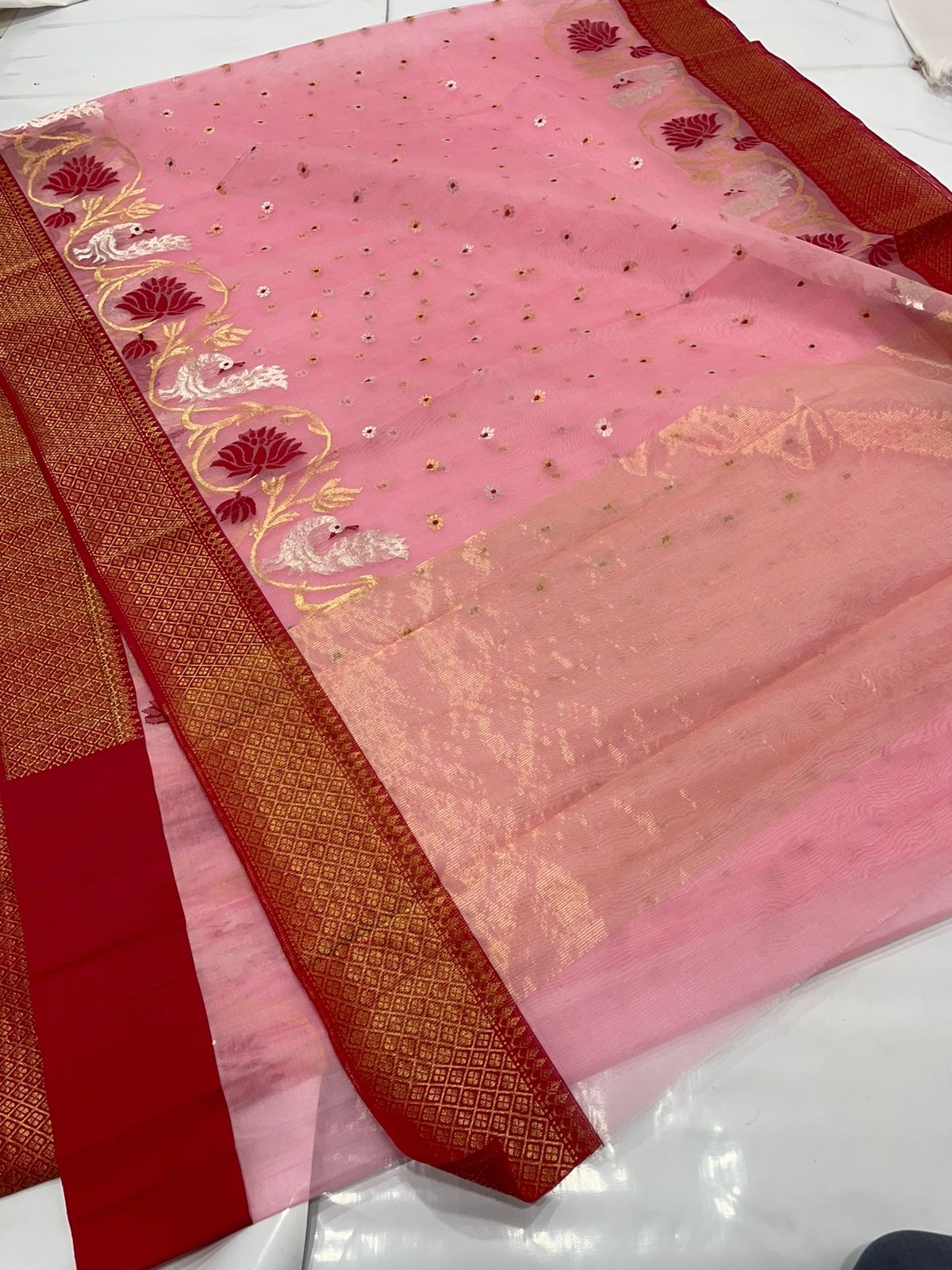 Coral Pink Chanderi handloom Katan Silk Meenakari Saree