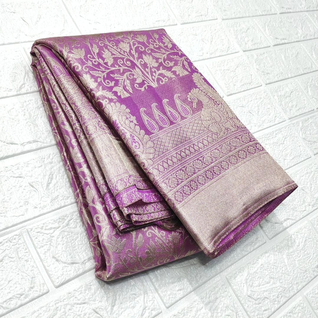 Onion Pink Kanchipuram Handloom Tissue Brocade Silk Saree