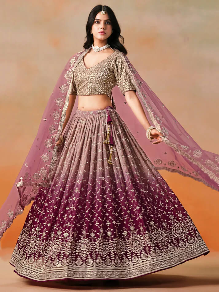 Maroon-Mauve Gradient Georgette Lehenga with Zari & Sequins