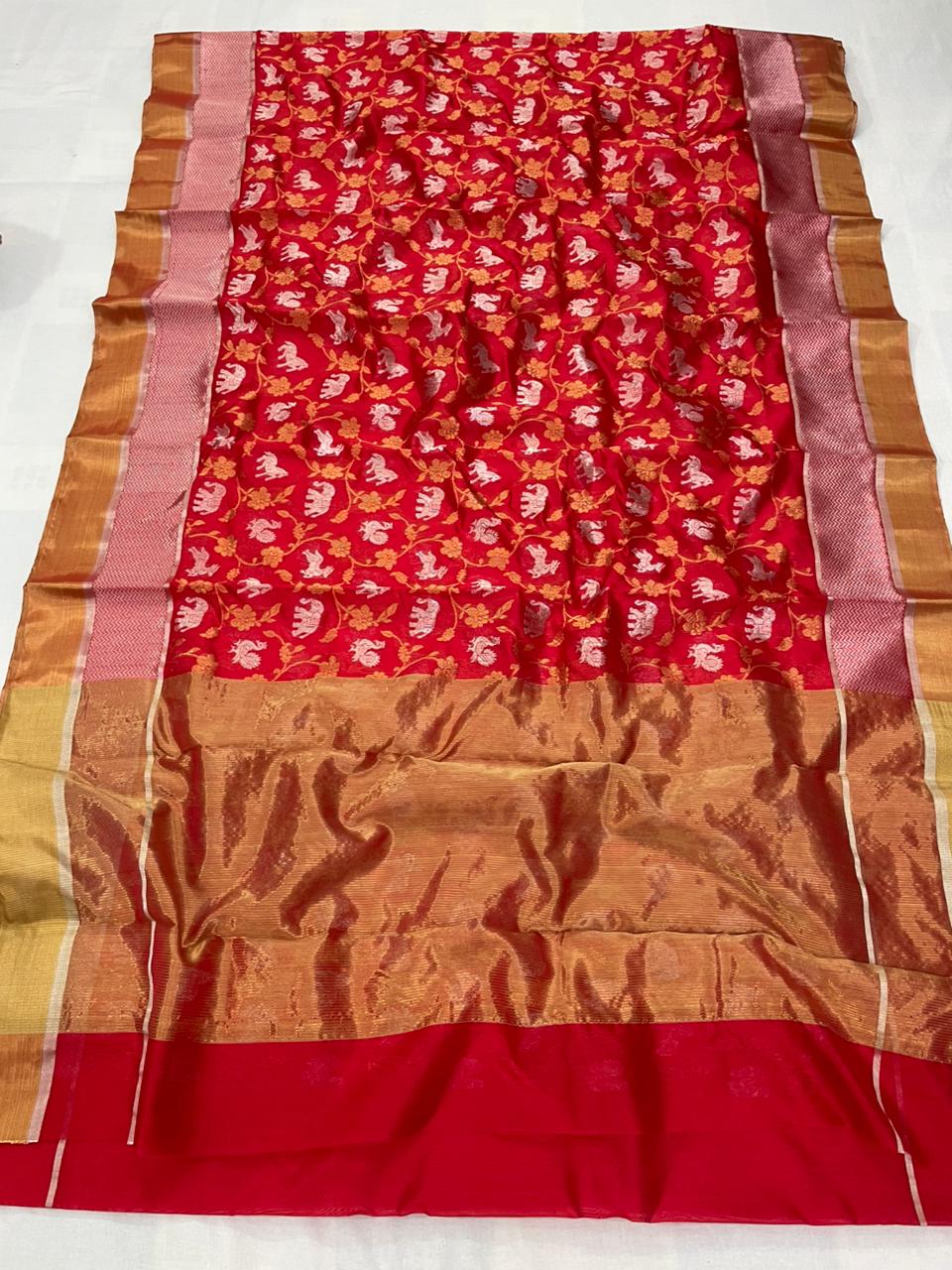 Chilly Red Chanderi Handloom Pattu Silk Shikargah Handwork Saree
