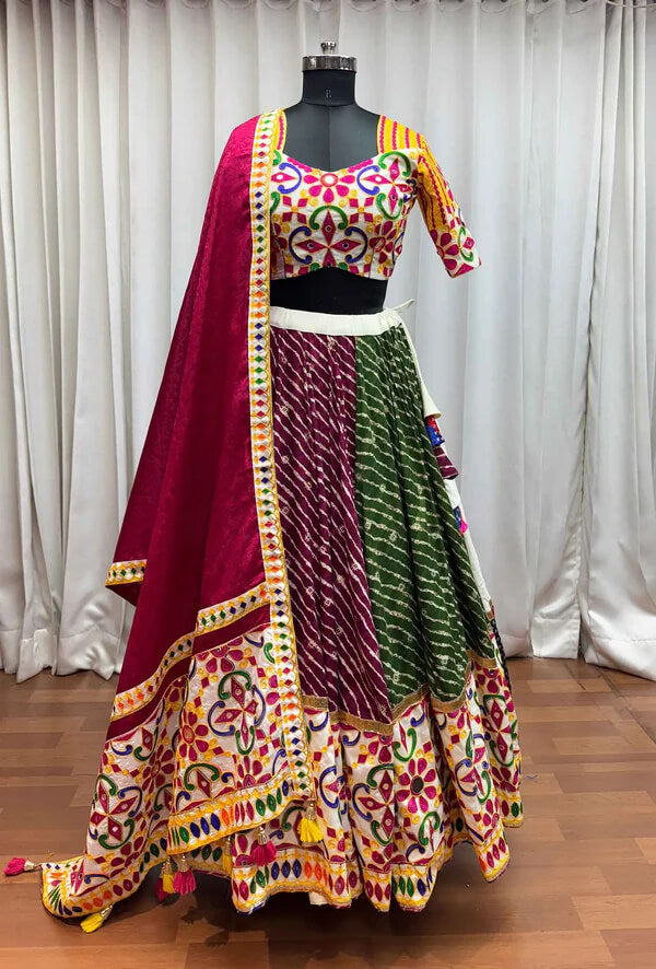Multi Color Printed Mirror & Embroidered Navratri Lehenga