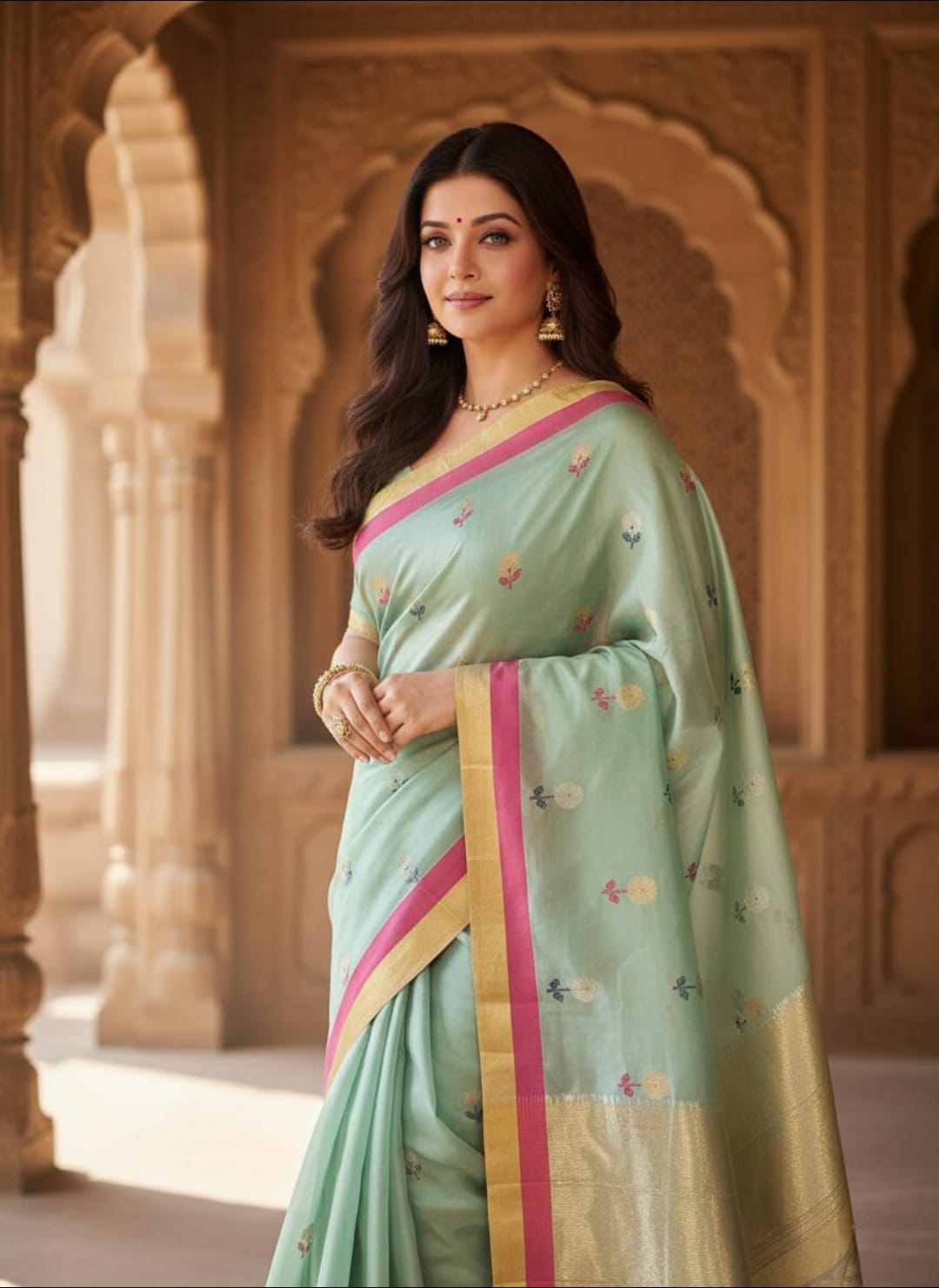 Sea Green Chanderi Håndvæv Pattu Silk Meenakari Saree