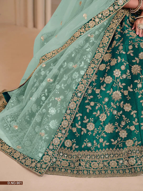Wedding Wear Sea Green Art Silk Lehenga with Embroidery