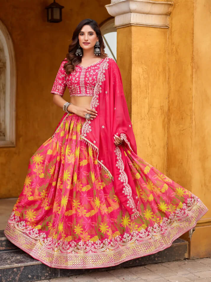 Hot Pink Taby Silk Lehenga with Floral Print & Embroider