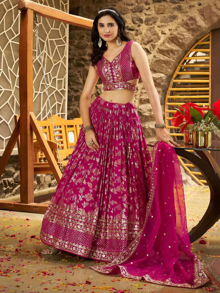 Rani Pink Jacquard Lehenga with Zari & Sequins Work