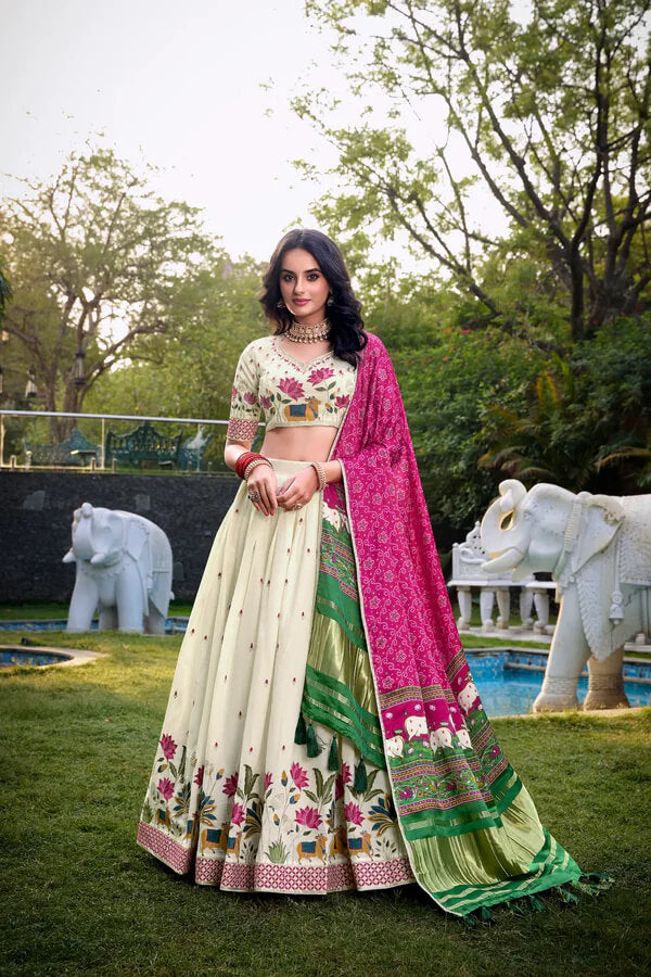Ethnic Off White Lehenga Choli with Gaji Silk Hot Pink Dupatta