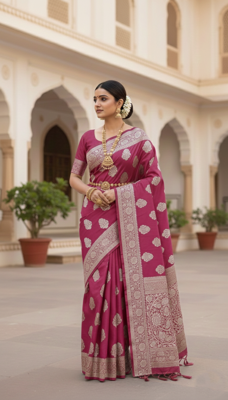 Pink Banarasi Mashru Soft Silk Saree
