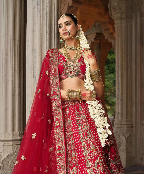 Modern Cornel Red Wedding Lehenga with Dual Dupattas