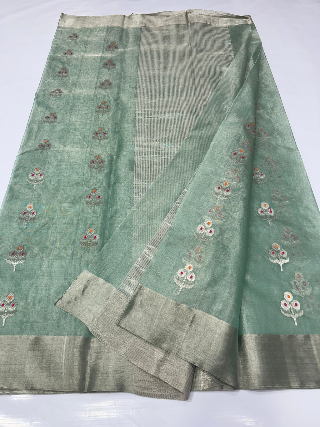 Powder Green Chanderi Handloom Katan Tissue Silk Meenakari Saree