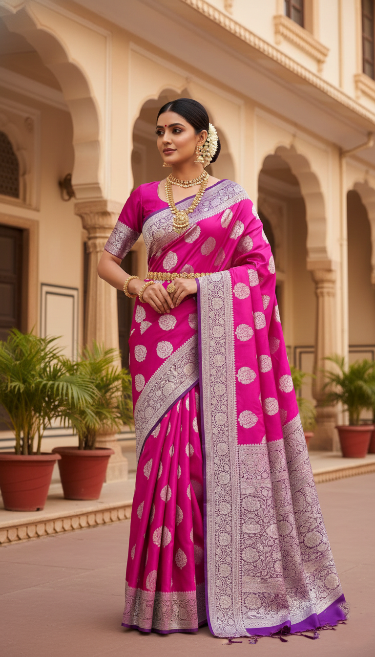 Hot Pink Banarasi Mashru Soft Silk Saree