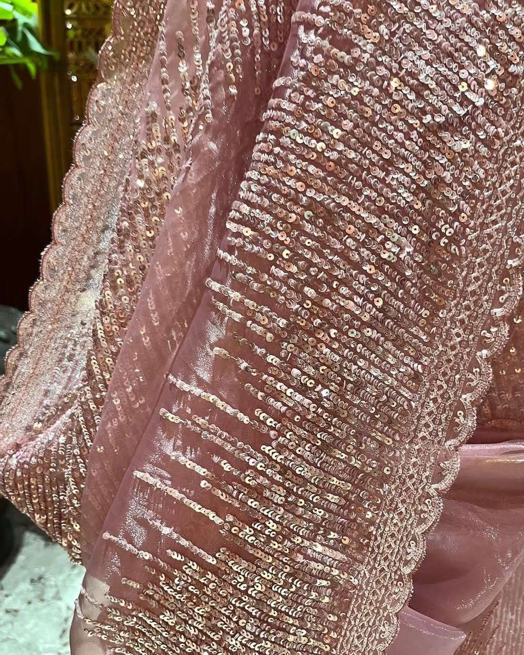 Rose Pink Hand Embroidered Tissue Organza Silk Saree