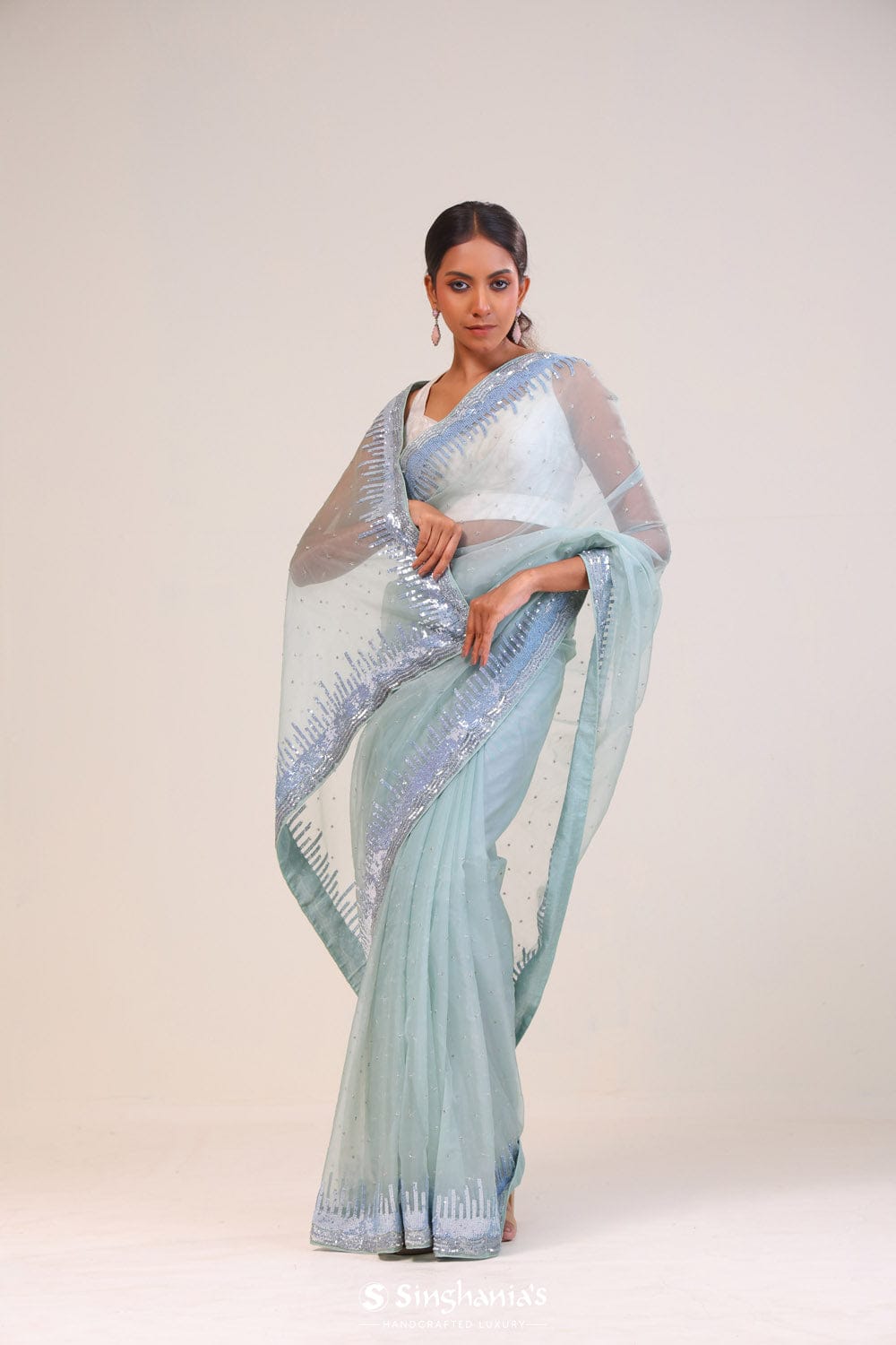 Powder Blue Hand Embroidered Organza Silk Saree