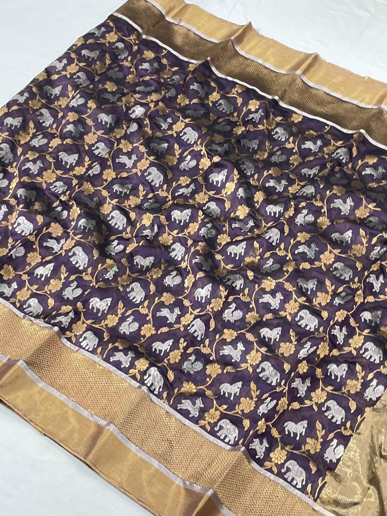 Purple Chanderi Handloom Pattu Silk Shikargah Handwork Saree