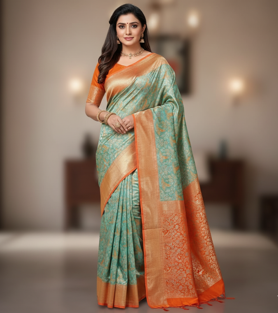 Sea Green Kanchipuram Handloom Tissue Brocade 1G Gold Bridal Saree