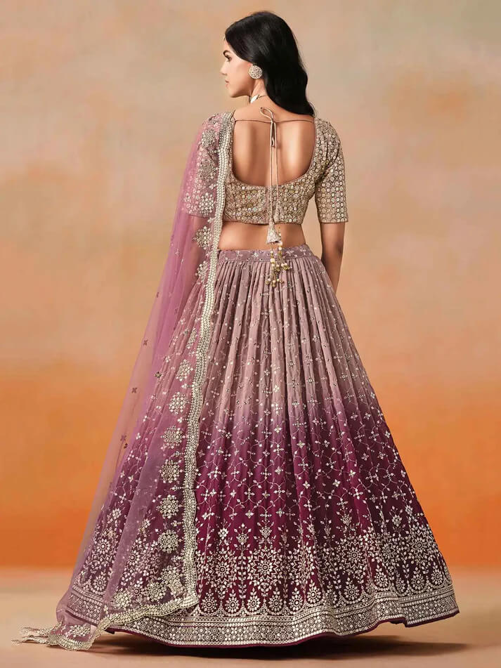 Maroon-Mauve Gradient Georgette Lehenga with Zari & Sequins