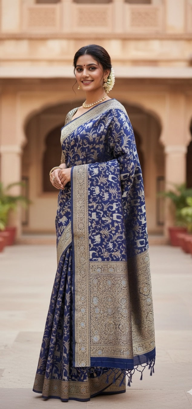 Azure Blue Banarasi Handloom Katan Silk Shikargah Meenakari Saree