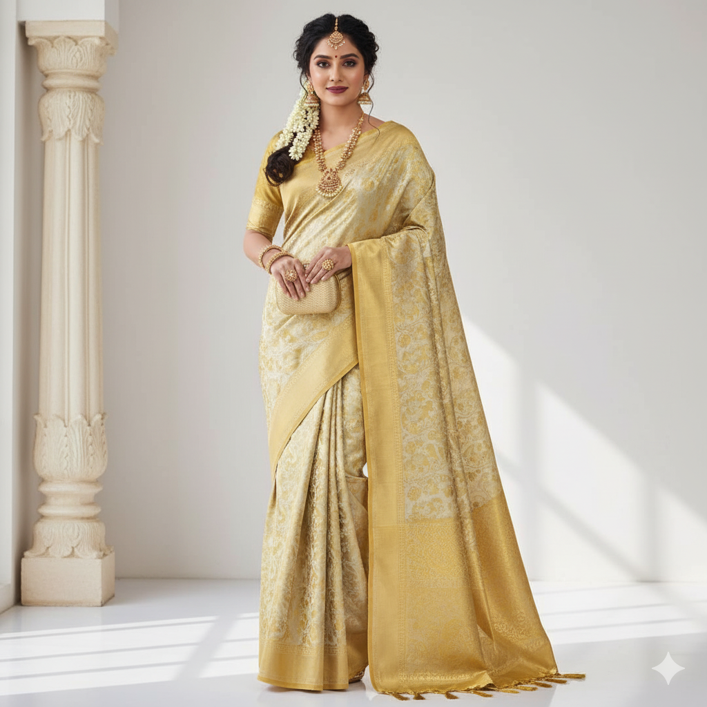 Ivory & Gold Kanchipuram Handloom Tissue Brocade Bridal Silk Saree