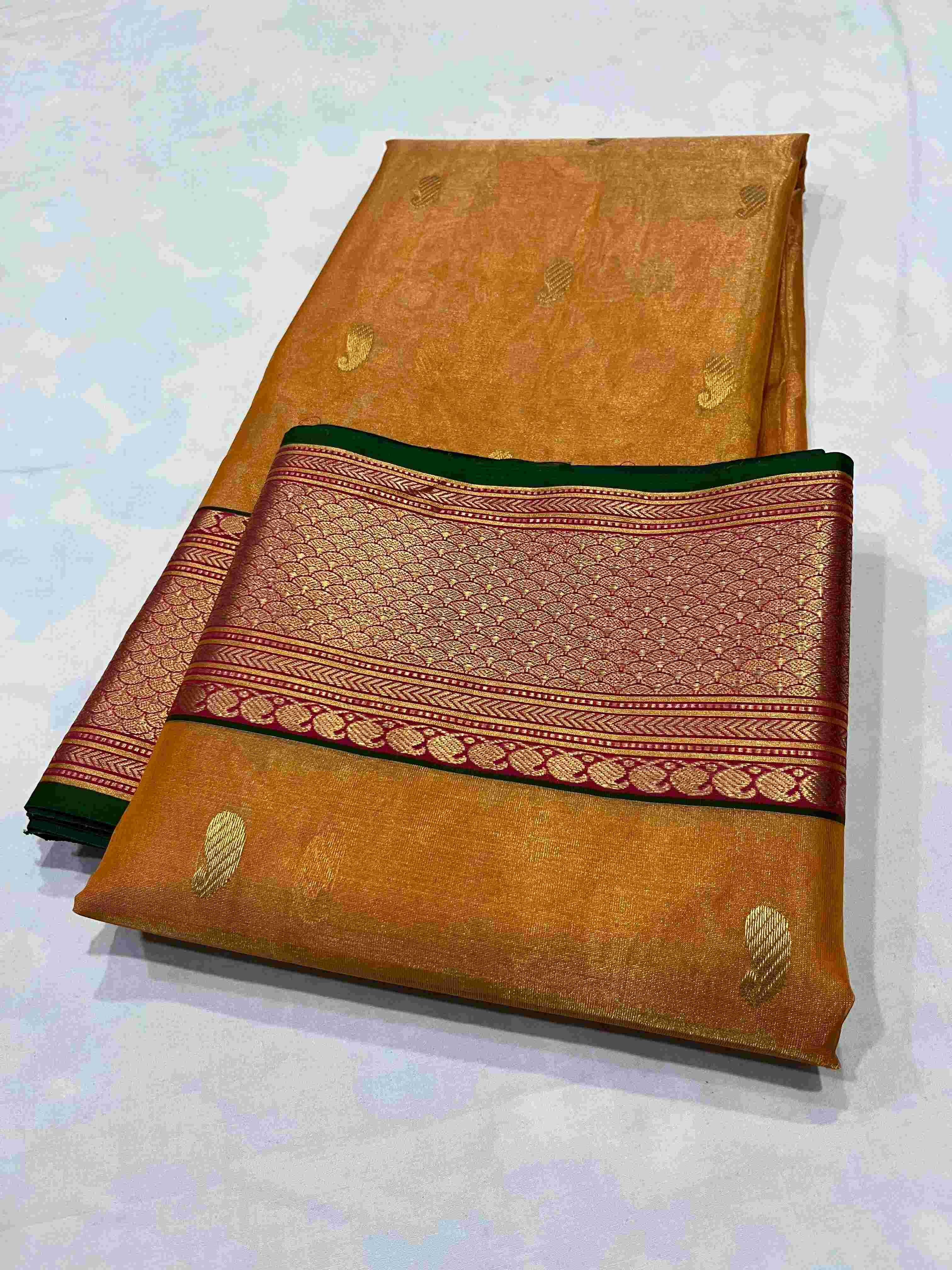 Dual Tone Mustard Chanderi Håndvævet Katan Tissue Silke Saree