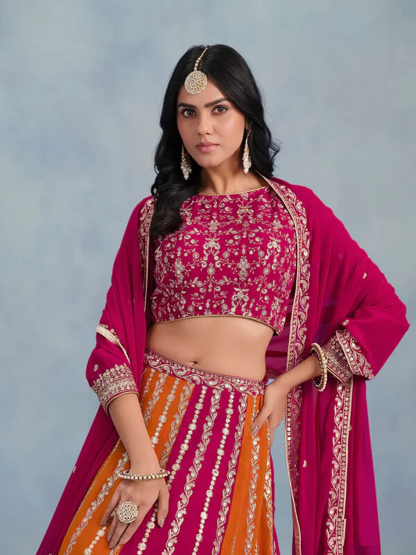 Designer Dark Pink-Orange Thread & Sequins Lehenga