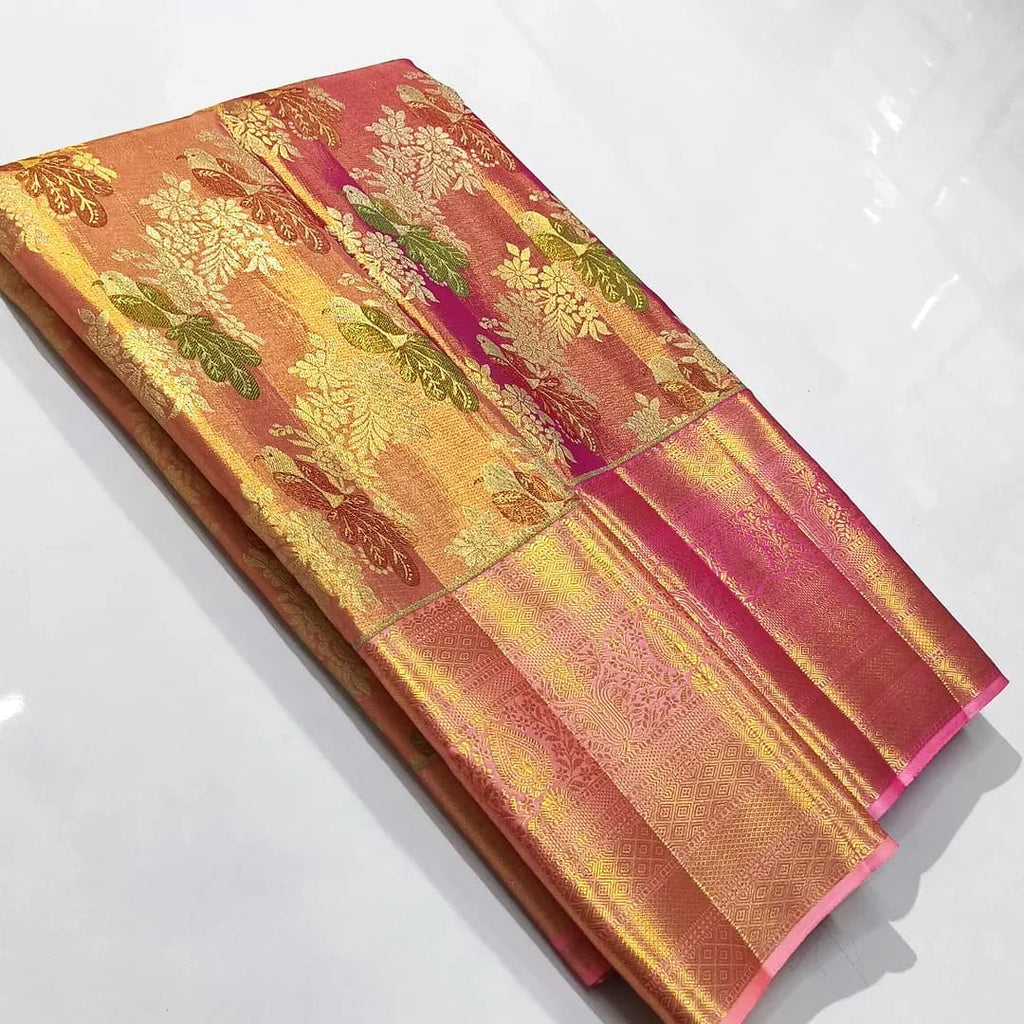 Hot Pink Kanchipuram Handloom Tissue Brocade Meenakari Silk Saree
