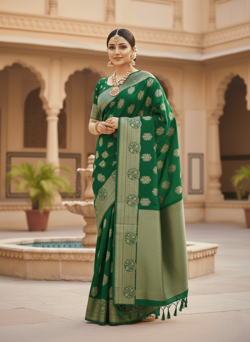 Emerald Green Banarasi Handloom Kora Organza Silk Saree