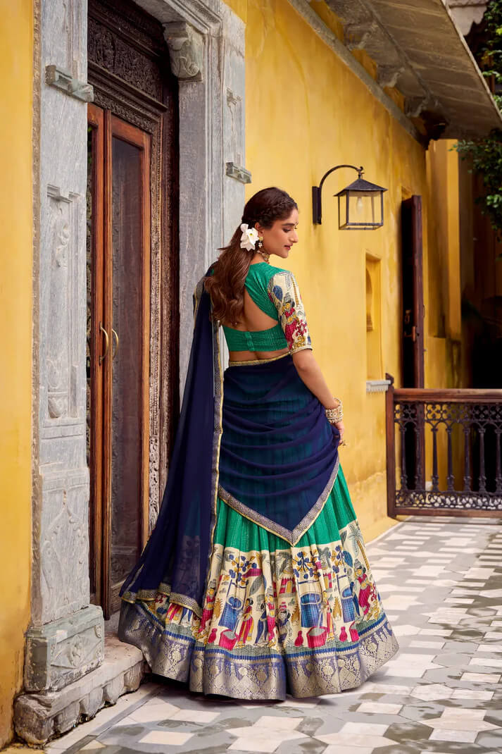 Teal Green Chanderi Lehenga with Kalamkari & Zari Work
