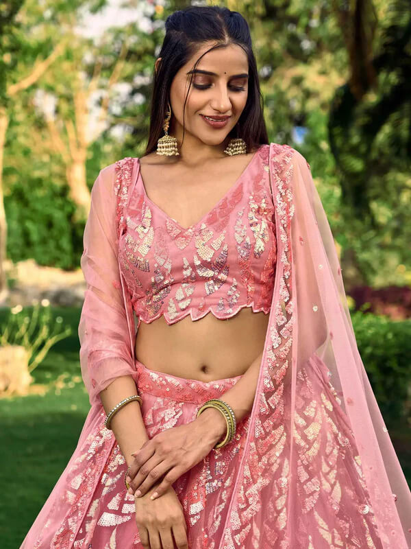 Pink Soft Net Lehenga with Sequins & Thread Work